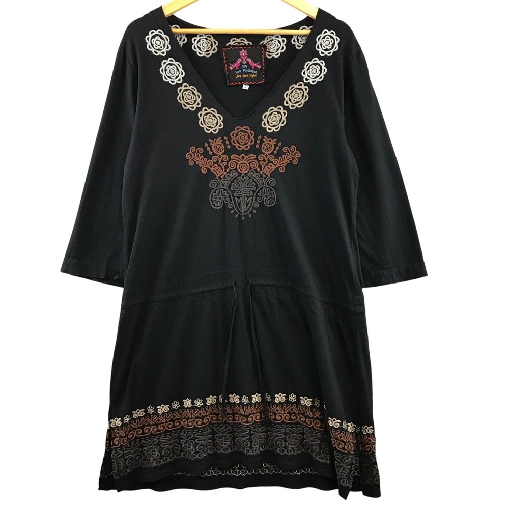 Johnny Was JW Los Angeles Boho Embroidered Tunic Dress Black Size L Womens